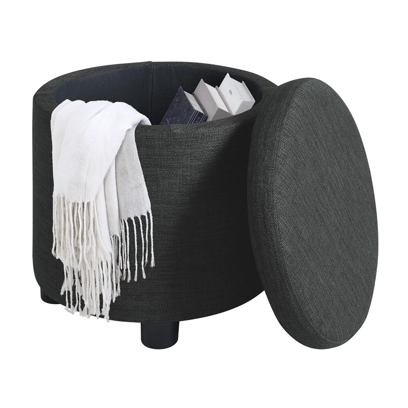 Pemberly Row Round Accent Storage Ottoman w/Reversible Lid in Gray Fabric