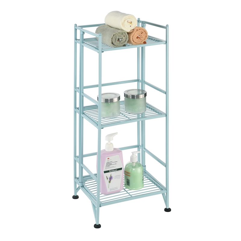 Pemberly Row Three-Tier Folding Metal Shelf with Seafoam Blue Metal Frame