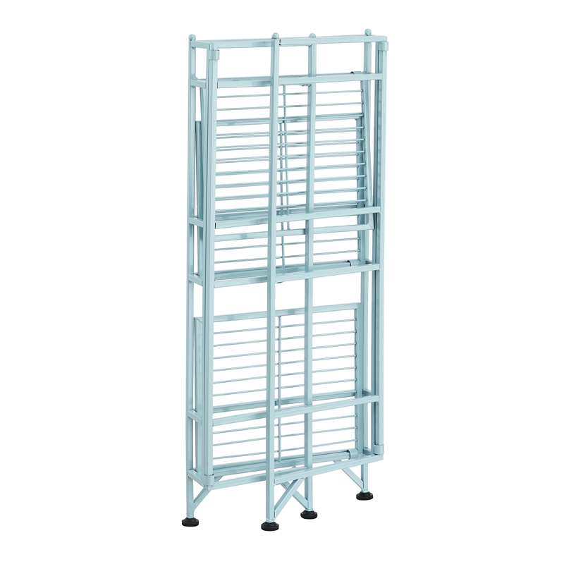 Pemberly Row Three-Tier Folding Metal Shelf with Seafoam Blue Metal Frame