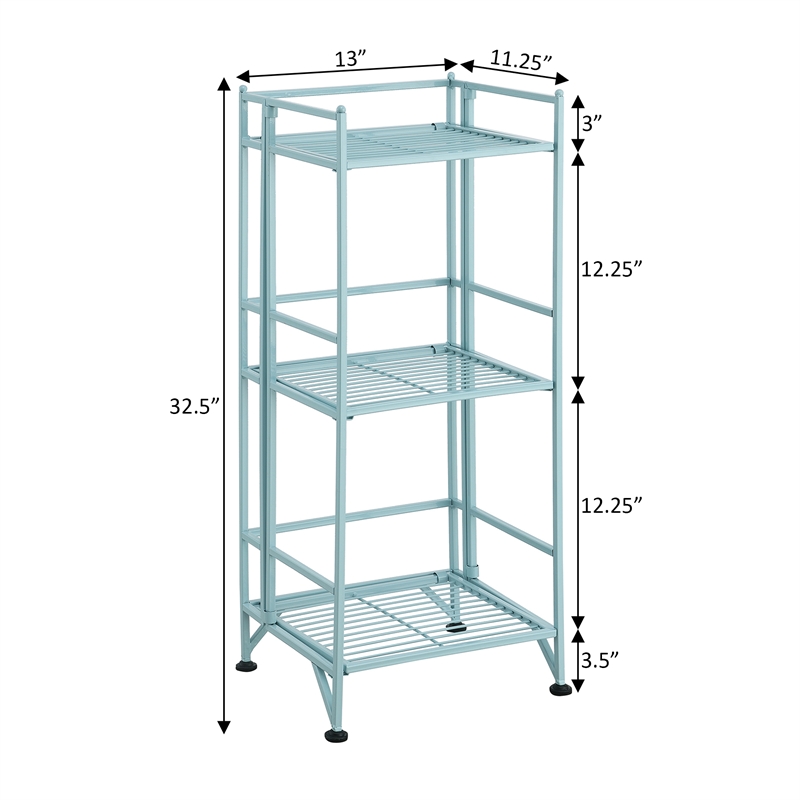 Pemberly Row Three-Tier Folding Metal Shelf with Seafoam Blue Metal Frame