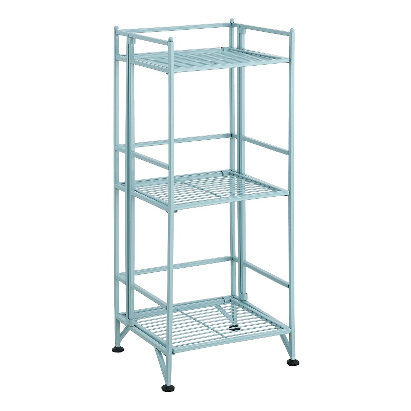 Pemberly Row Three-Tier Folding Metal Shelf with Seafoam Blue Metal Frame