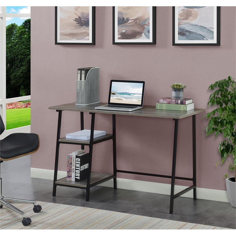Pemberly Row Trestle Desk in Weathered Gray Wood with Black Metal Frame