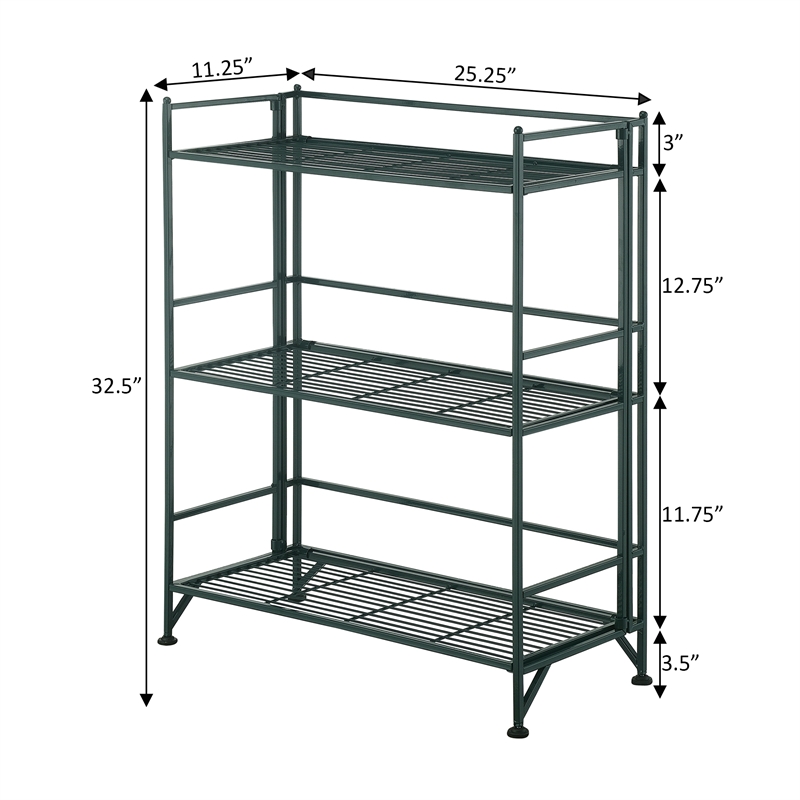 Pemberly Row Three-Tier Wide Folding Metal Shelf with Green Metal Frame