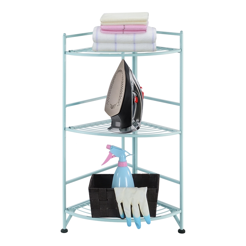Pemberly Row Three-Tier Folding Metal Corner Shelf with Seafoam Blue Metal Frame