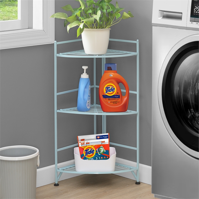 Pemberly Row Three-Tier Folding Metal Corner Shelf with Seafoam Blue Metal Frame