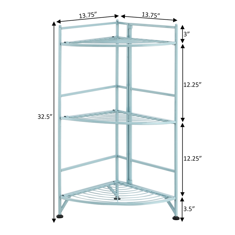 Pemberly Row Three-Tier Folding Metal Corner Shelf with Seafoam Blue Metal Frame