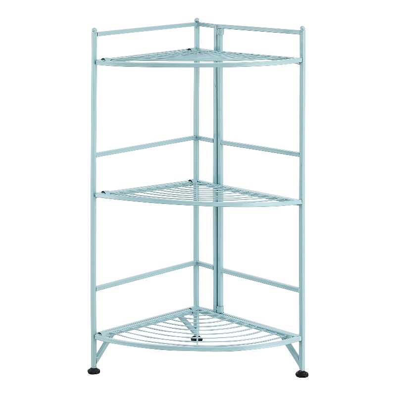 Pemberly Row Three-Tier Folding Metal Corner Shelf with Seafoam Blue Metal Frame