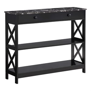 Pemberly Row 1-Drawer Console Table with Shelves in Black Wood & Faux Marble Top
