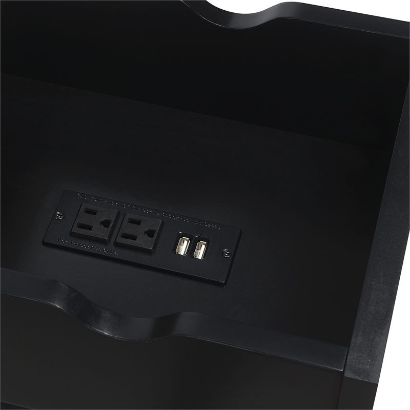 Pemberly Row Flip-Top End Table w/ Charging Station & Shelf in Black Wood Finish
