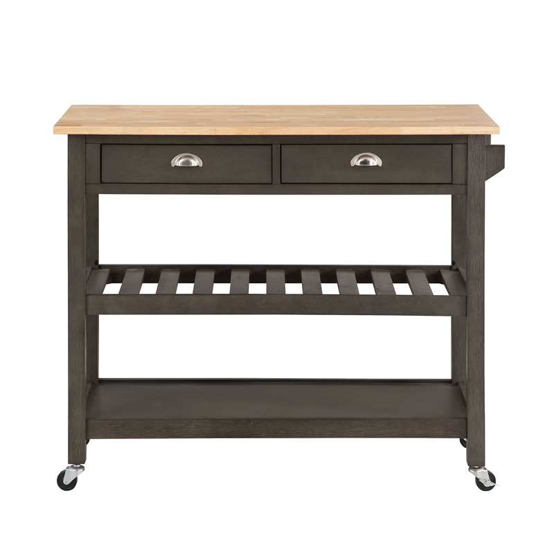 Pemberly Row Three-Tier Butcher Block Kitchen Cart w/ Drawers in Gray Wood