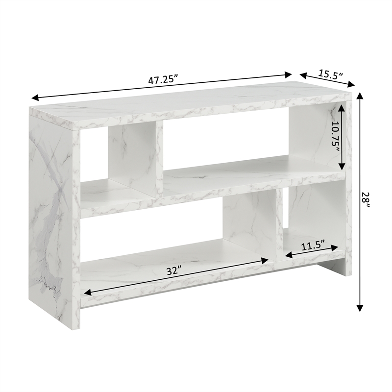 Pemberly Row TV Stand Console with Shelves in White Faux Marble Wood Finish