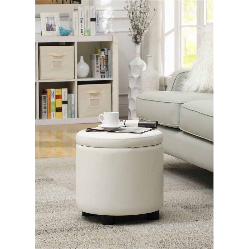 Pemberly Row Round Accent Storage Ottoman in Ivory White Faux Leather Fabric