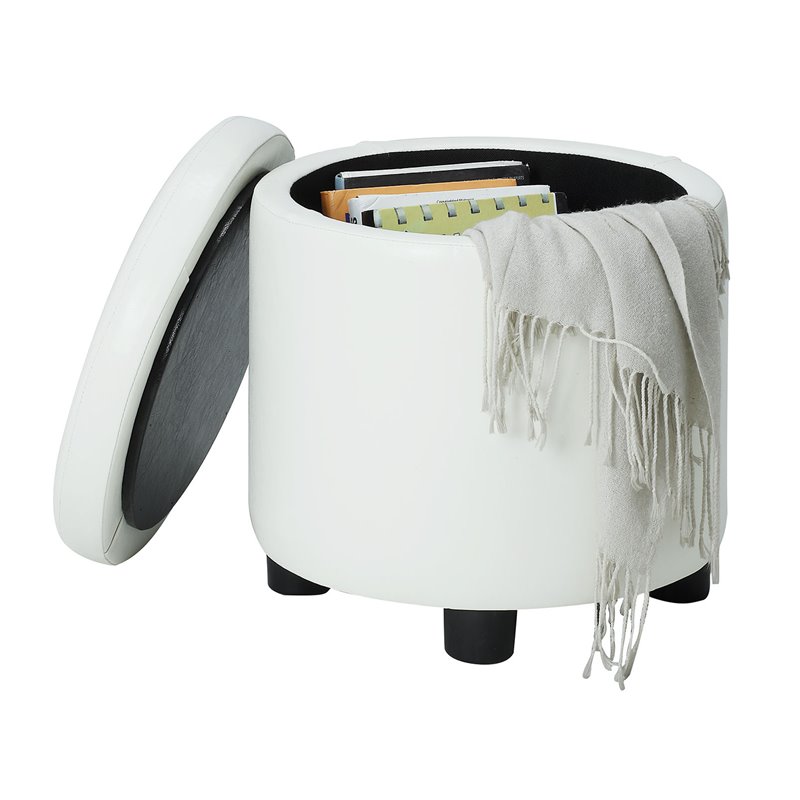 Pemberly Row Round Accent Storage Ottoman in Ivory White Faux Leather Fabric