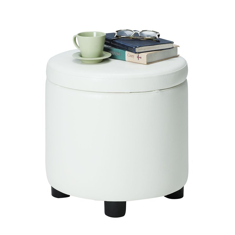 Pemberly Row Round Accent Storage Ottoman in Ivory White Faux Leather Fabric
