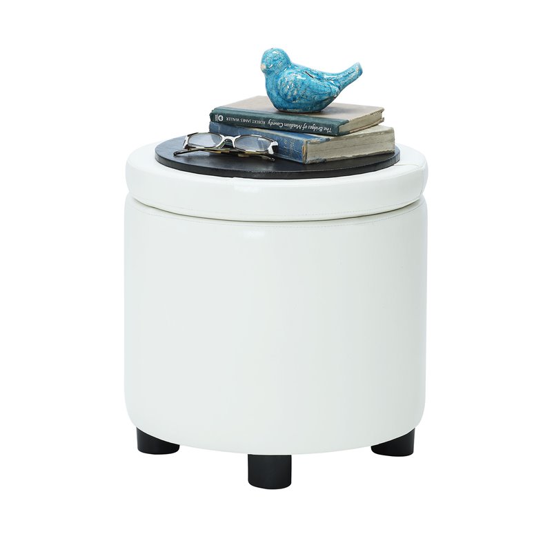 Pemberly Row Round Accent Storage Ottoman in Ivory White Faux Leather Fabric