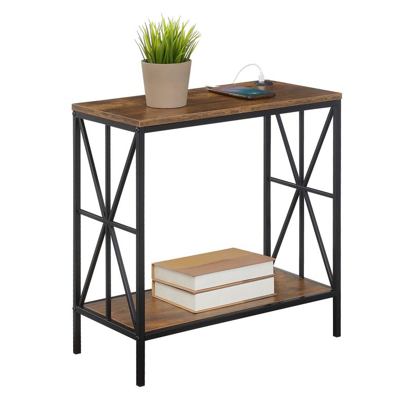 Pemberly Row Chairside End Table w/Charging Station and Shelf in Nutmeg Wood