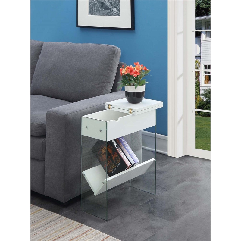 Pemberly Row Electric Flip Top End Table in White Wood Finish and Clear Glass