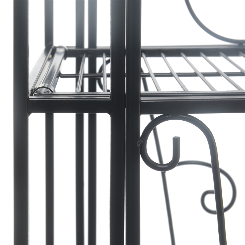 Pemberly Row Three-Tier Folding Metal Shelf with Scroll Design in Black Metal
