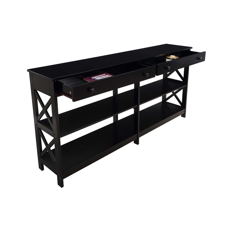 Pemberly Row Two-Drawer 60-inch Console Table with Shelves in Black Wood Finish