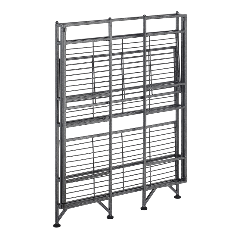 Pemberly Row Three-Tier Wide Folding Metal Shelf with Textured Gray Metal Frame