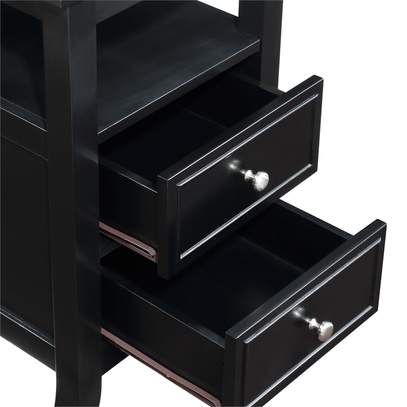 Pemberly Row Two-Drawer End Table with Charging Station and Shelf in Black Wood