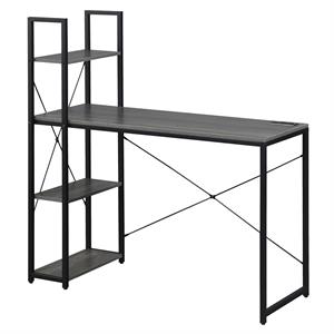 Pemberly Row Office Workstation with Charging Station and Shelves in Gray Wood