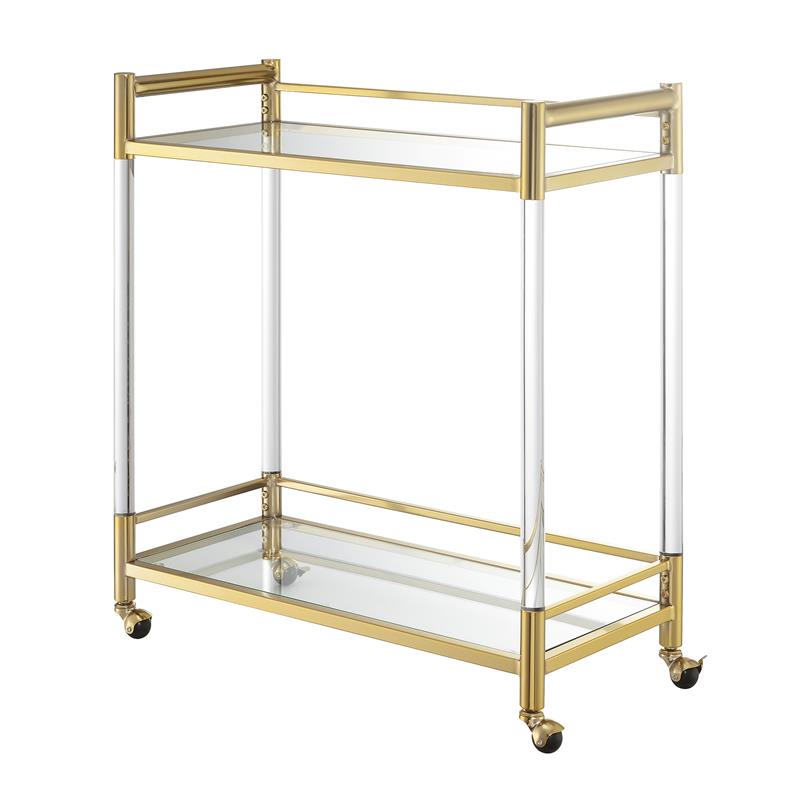 Pemberly Row Two-Tier Acrylic Glass Bar Cart in Clear Glass w/ Gold Metal Frame