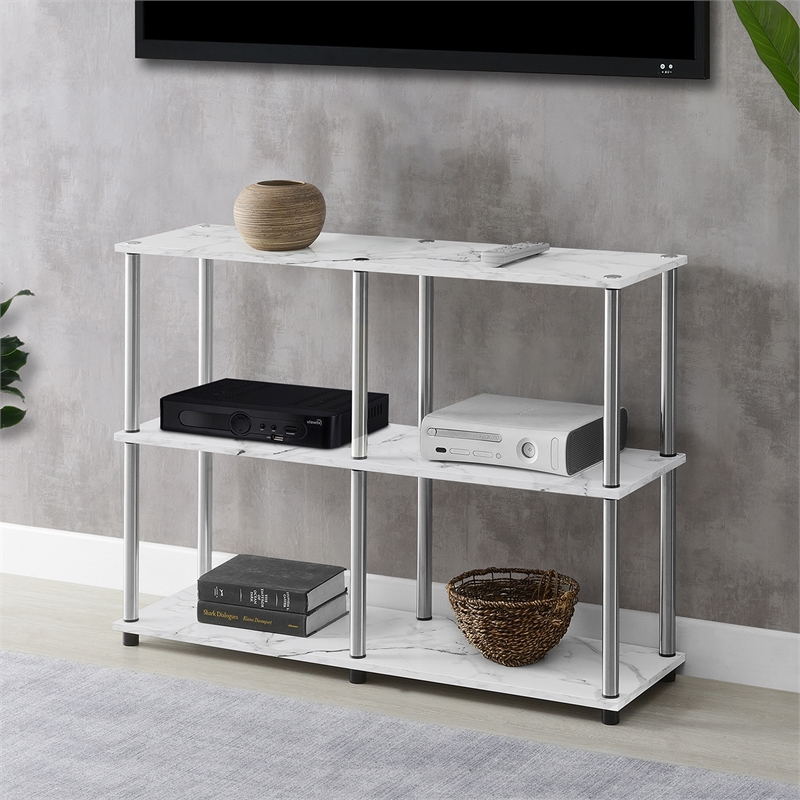 Pemberly Row No-Tools Console Table w/ Shelves in White Faux Marble Wood Finish