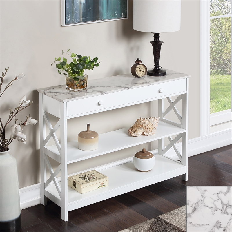 Pemberly Row 1-Drawer Console Table w/ Shelves in White Wood w/ Faux Marble Top