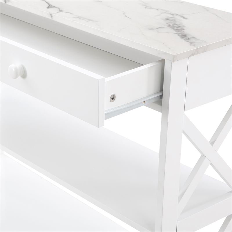 Pemberly Row 1-Drawer Console Table w/ Shelves in White Wood w/ Faux Marble Top