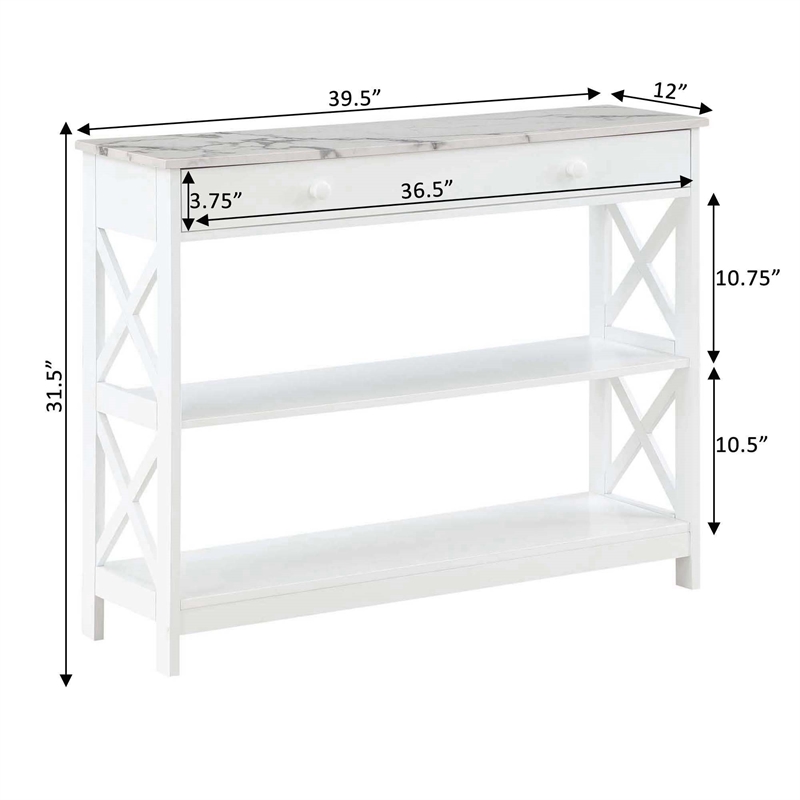 Pemberly Row 1-Drawer Console Table w/ Shelves in White Wood w/ Faux Marble Top