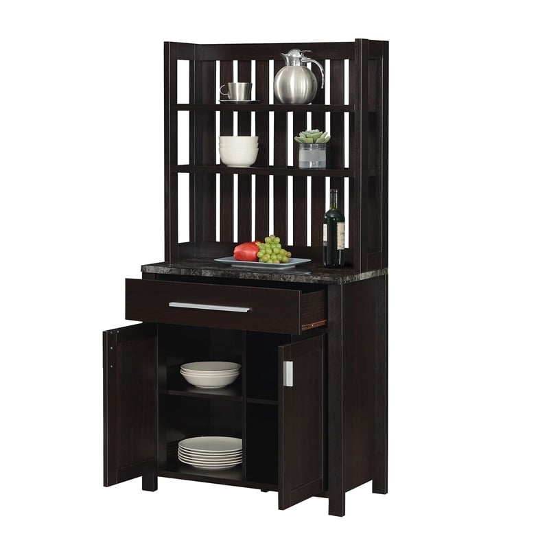 Pemberly Row Wine Bar with Cabinet in Black Faux Marble and Espresso Wood Finish
