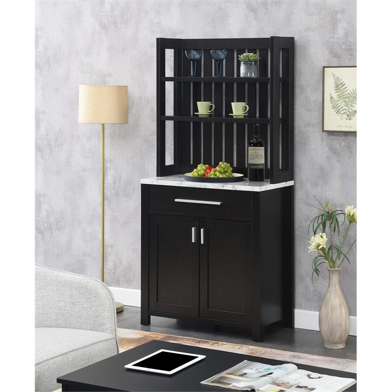 Pemberly Row Wine Bar w/ Cabinet in Espresso Wood w/ White Faux Marble Top
