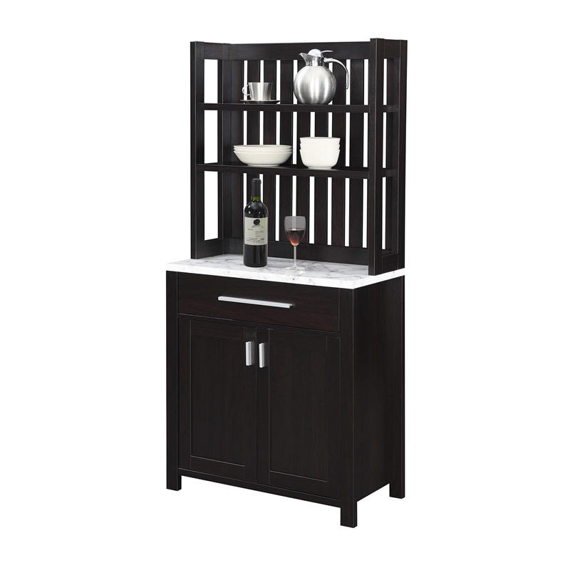 Pemberly Row Wine Bar w/ Cabinet in Espresso Wood w/ White Faux Marble Top