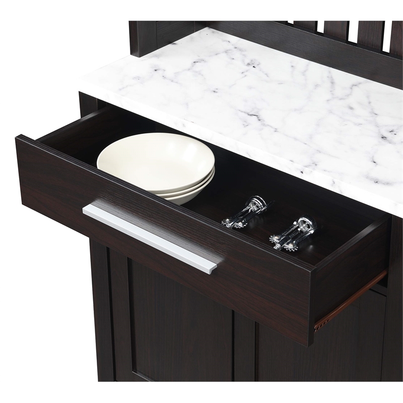 Pemberly Row Wine Bar w/ Cabinet in Espresso Wood w/ White Faux Marble Top