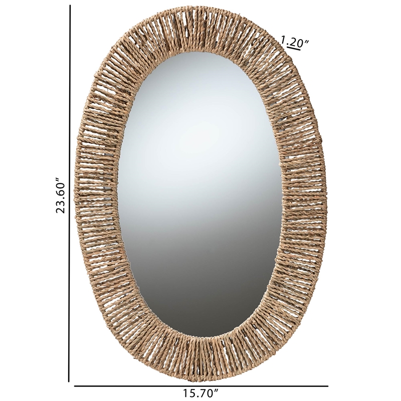 Pemberly Row Metal & Seagrass Accent Wall Mirror in Natural Brown