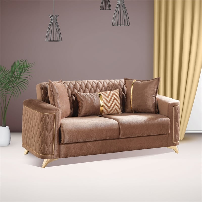 Pemberly Row Contemporary Velvet Fabric Wooden Loveseat in Copper