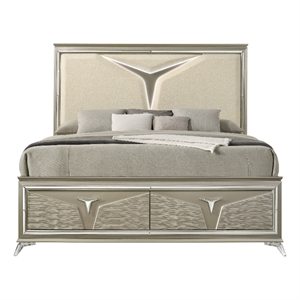 Pemberly Row Modern Queen Bed Made with Wood & LED Headboard in Silver