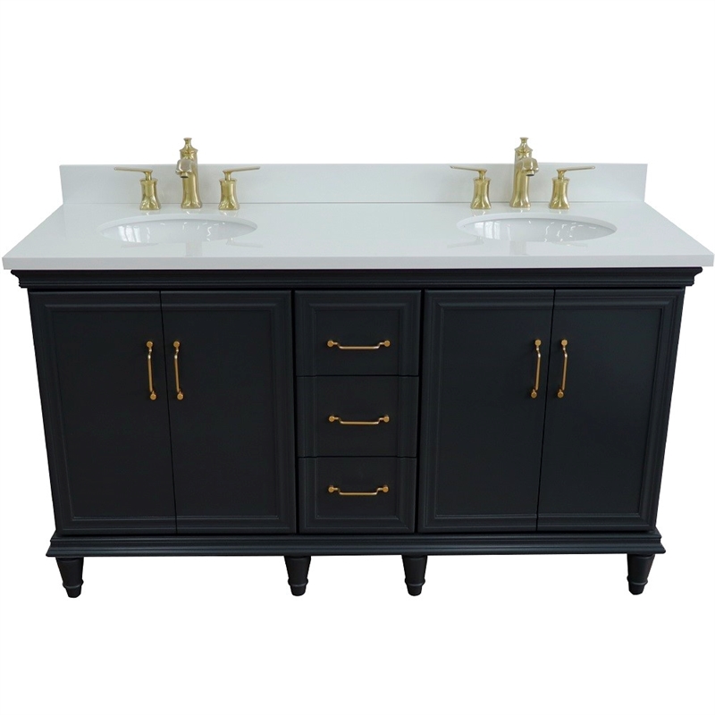 Pemberly Row 61 in. Double Wooden Vanity Dark Gray White Quartz Oval Sink