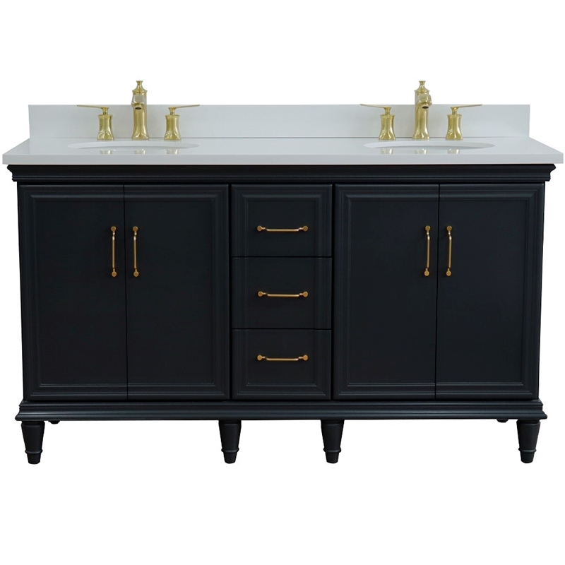 Pemberly Row 61 in. Double Wooden Vanity Dark Gray White Quartz Oval Sink