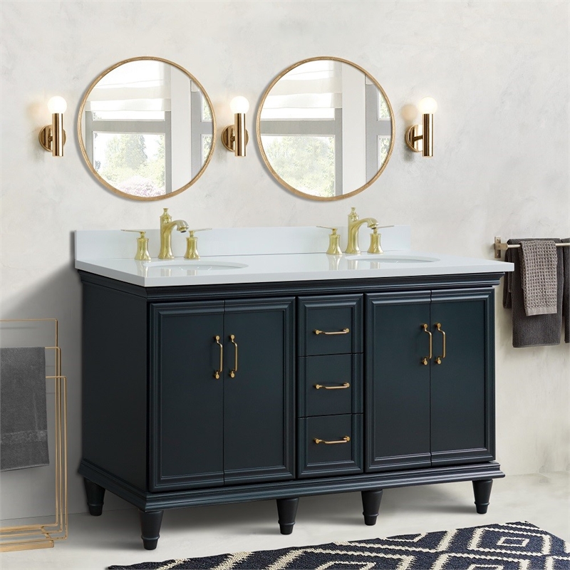 Pemberly Row 61 in. Double Wooden Vanity Dark Gray White Quartz Oval Sink