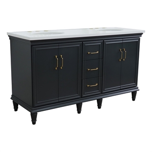 Pemberly Row 61 in. Double Wooden Vanity Dark Gray White Quartz Oval Sink