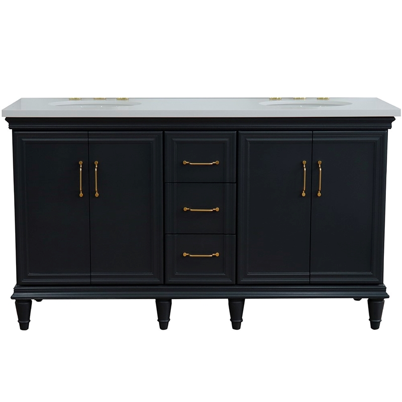 Pemberly Row 61 in. Double Wooden Vanity Dark Gray White Quartz Oval Sink