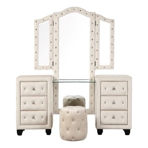Pemberly Row Crystal Tufted Modern Vanity Set made with Wood in Cream
