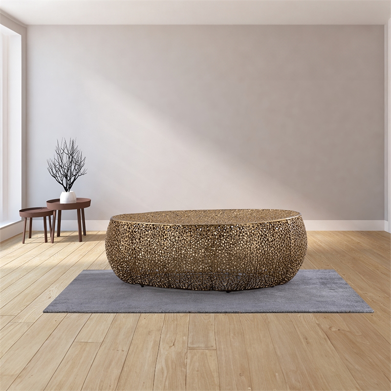 Pemberly Row Oval Shape Coffee Table Made with Aluminum in Gold Color