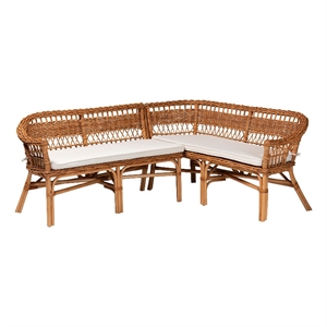 Pemberly Row 2-Piece Rattan Dining Nook Banquette Set in Natural Brown