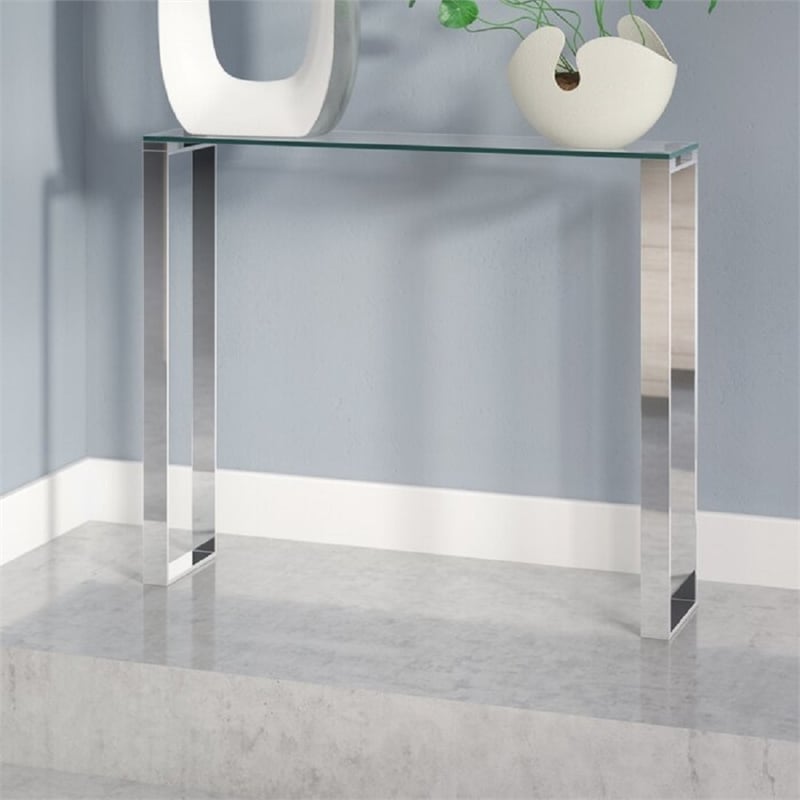 Pemberly Row Modern Narrow Clear Glass Console Table with Chrome Legs 36