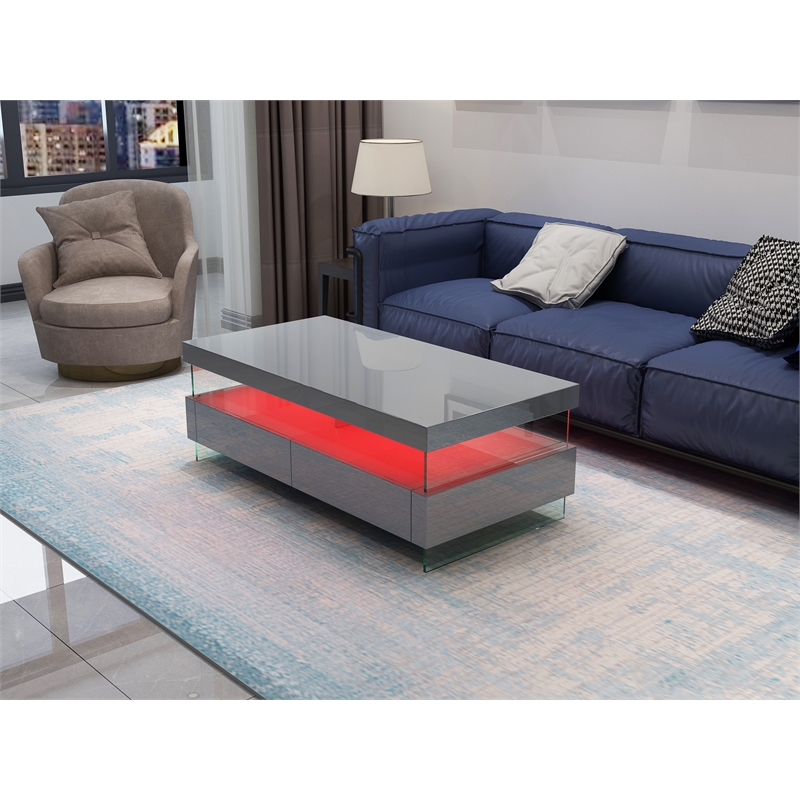 Pemberly Row Modern Coffee Table Bult-in LED Made with Wood in Gray
