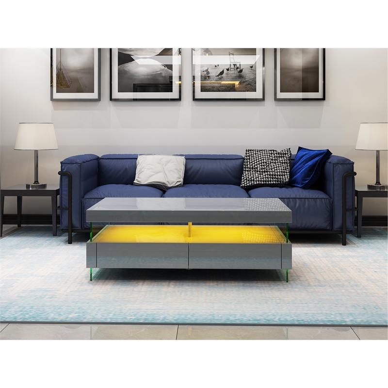 Pemberly Row Modern Coffee Table Bult-in LED Made with Wood in Gray