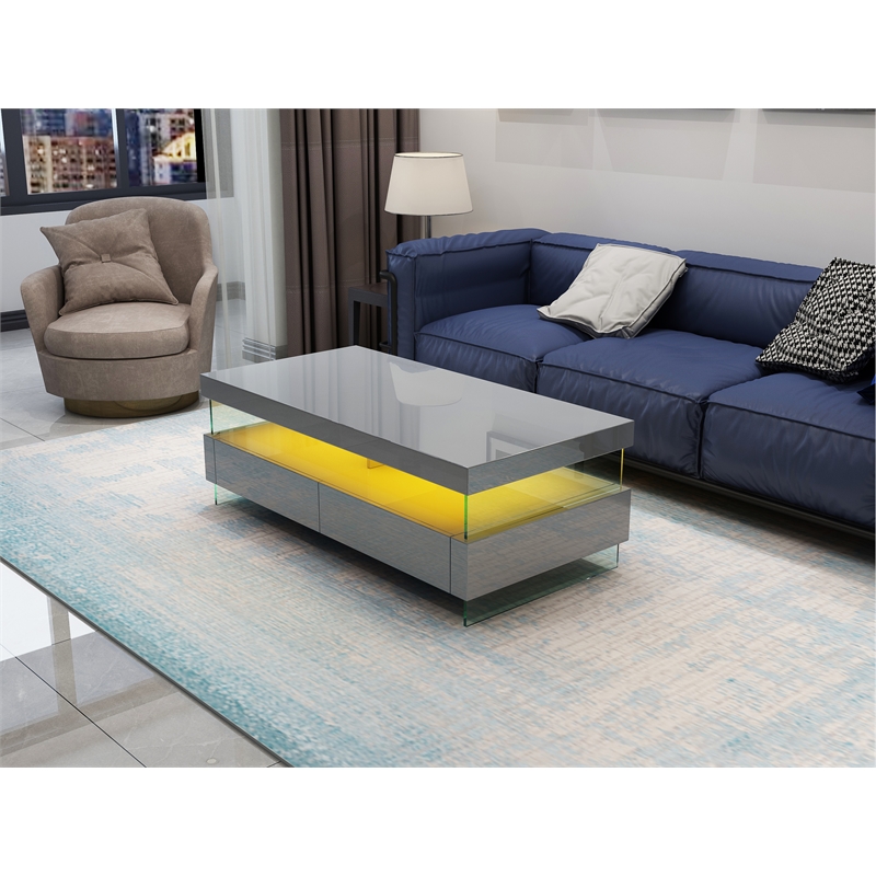Pemberly Row Modern Coffee Table Bult-in LED Made with Wood in Gray